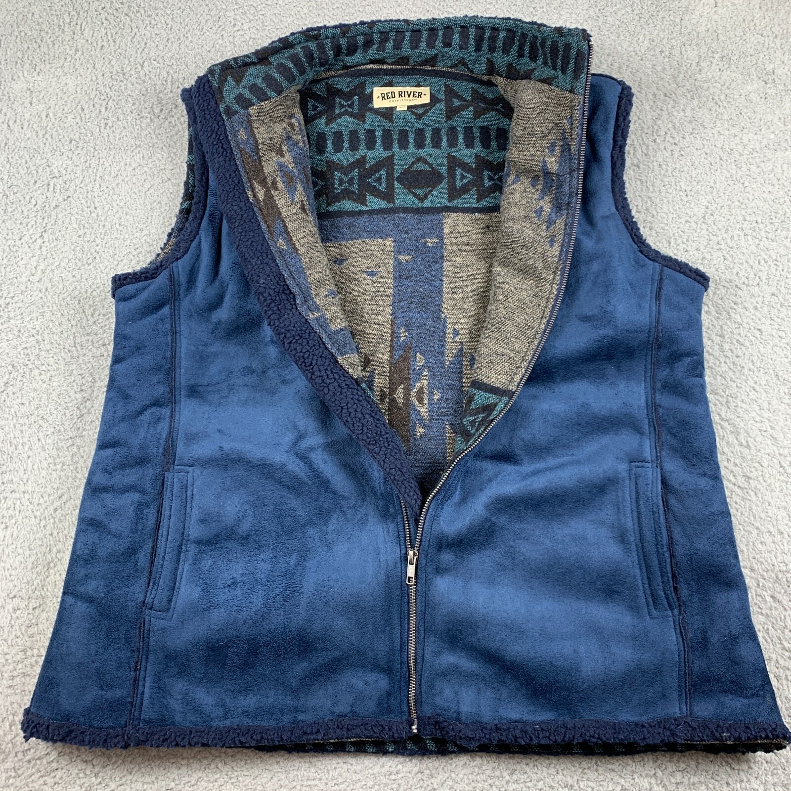 Red River Outfitters Southwest Faux Suede Vest Womens 2x Blue Blanket Lined Zip